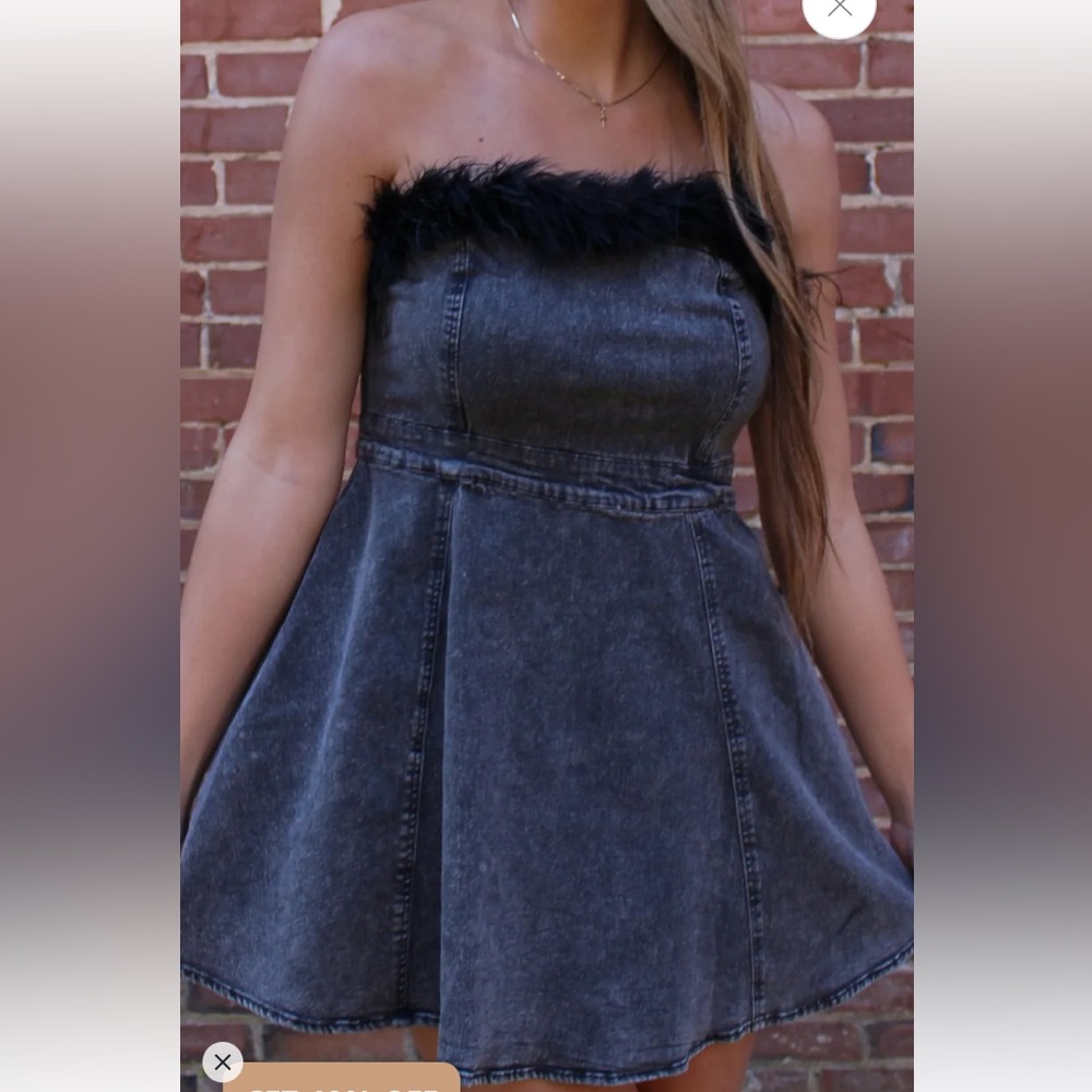 NWT Boutique Denim Dress with Feather Detail
